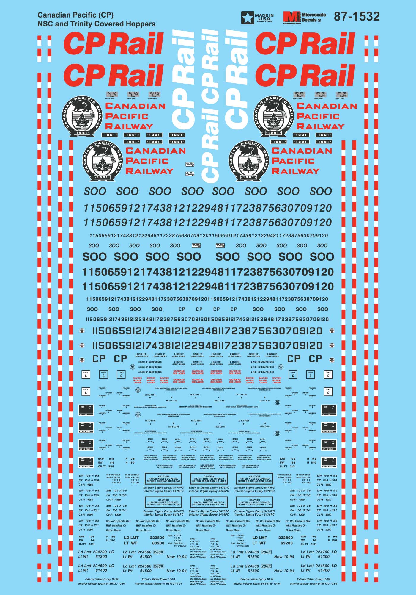 Microscale 87-1532 HO Canadian Pacific NSC & Trinity Covered Hoppers Decal Sheet