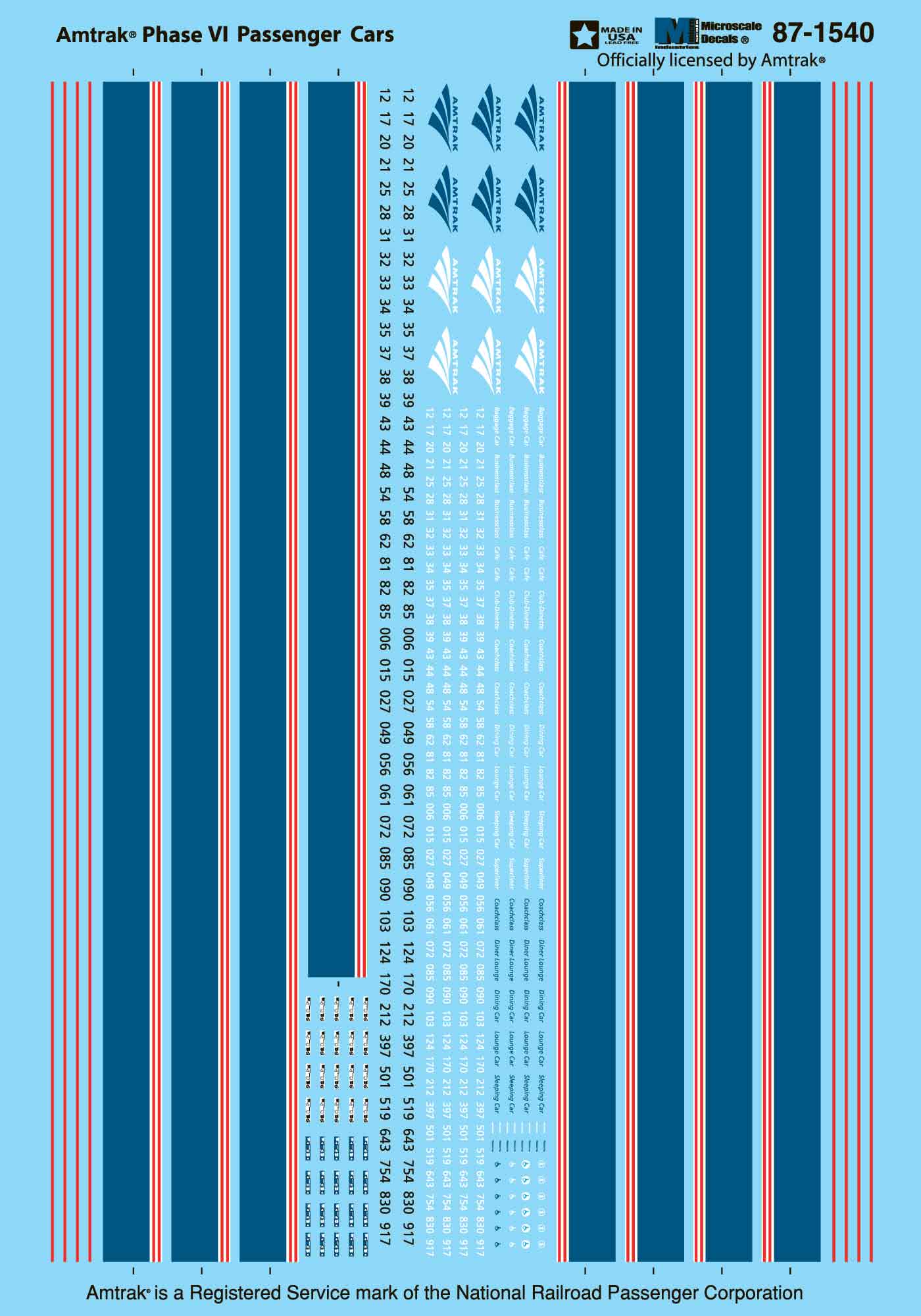Microscale 87-1540 HO Amtrak Phase VI Passenger Cars Decal Sheet