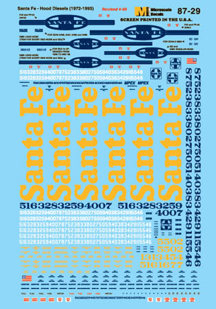Microscale 60-29 N 1972-1996 Santa Fe Hood Diesels Waterslide Decal Sheet