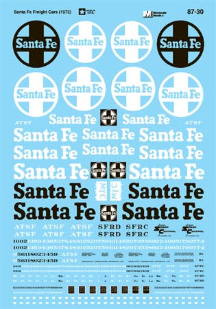 Microscale 87-30 HO 1972-1988 Santa Fe Freight Cars Decal Sheet