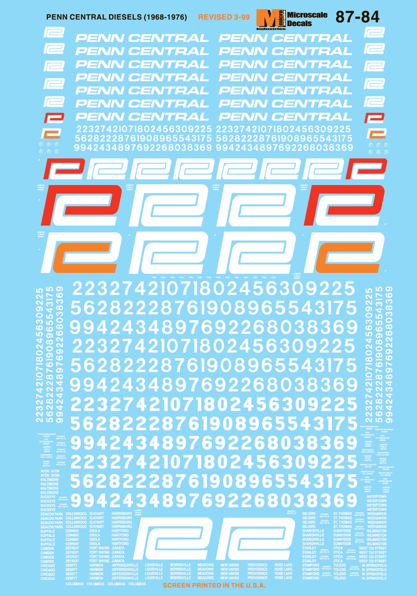 Microscale 60-84 N 1968-1976 Penn Central Diesels Waterslide Decal Sheet