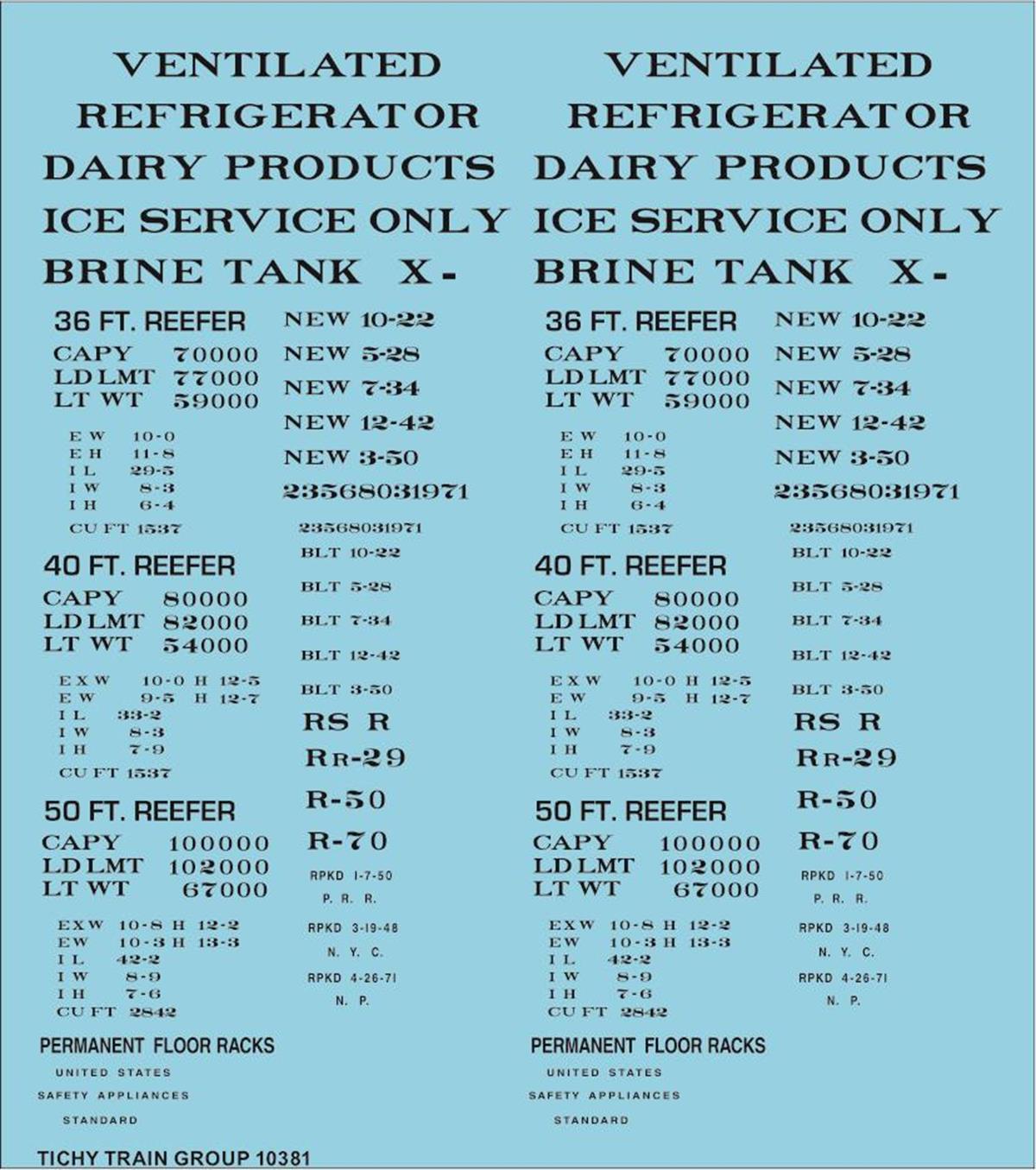 Tichy 10381 HO Reefer Data Black Decal Sheet