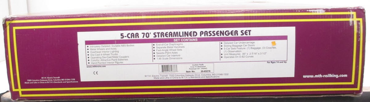 MTH 20-65216 O Southern Pacific 70' Streamlined Passenger Car Set (Set of 5)