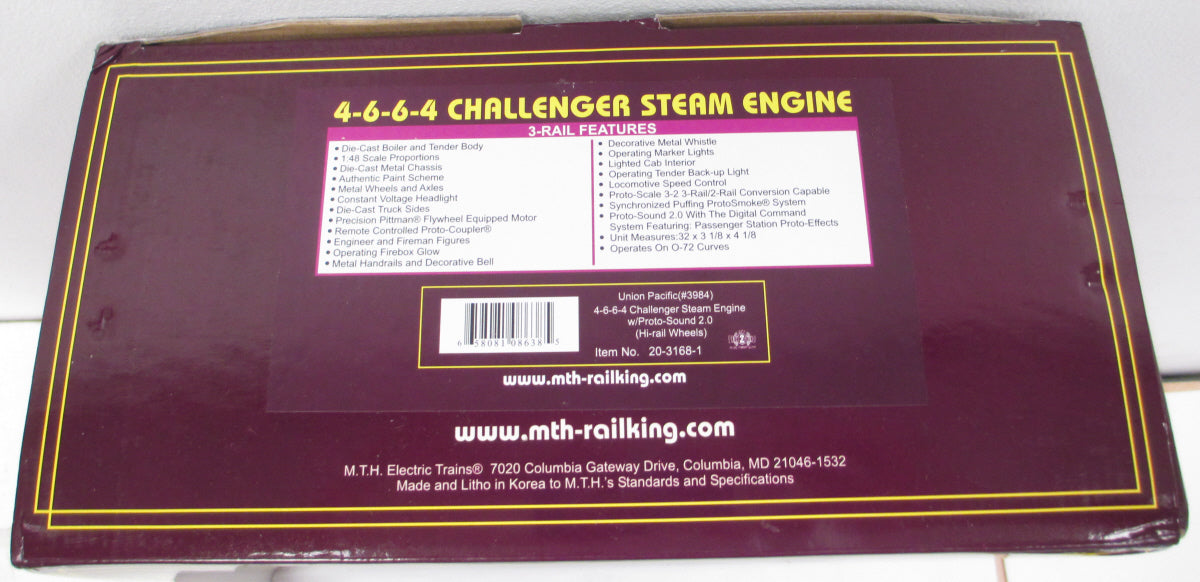 MTH 20-3168-1 Union Pacific 4-6-6-4 Challenger Steam Loco & Tender #3984 w/PS2.0 LN/Box