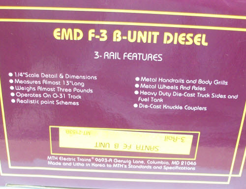 MTH 20-2153B O Gauge Santa Fe Non-Powered B Unit Diesel Engine LN/Box