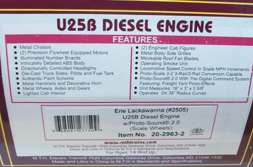 MTH 20-2963-2 Erie Lackawanna U25B Diesel Engine w/PS 2.0 #2505 EX/Box