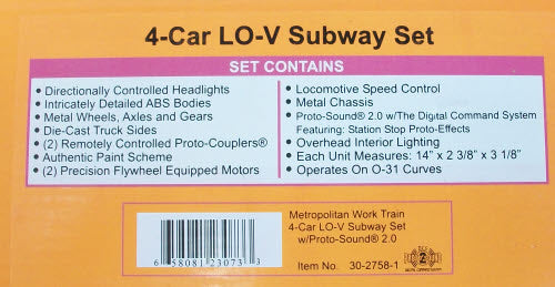 MTH 30-2758-1 O Metropolitan Work Train LO-V Subway Set w/PS 2.0 (Set of 4)