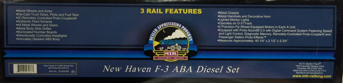 MTH 20-80003B O Gauge New Haven F-3 ABA Diesel Engine Set w/PS2 LN/Box