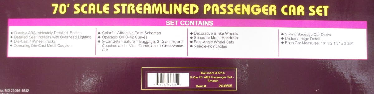 MTH 20-6565 O Baltimore & Ohio 70' Streamlined Passenger Car Set (Set of 5) LN/Box