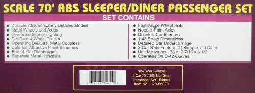 MTH 20-66020 O NYC 70' Streamlined Sleeper/Diner Passenger Car Set (Set of 2) LN/Box