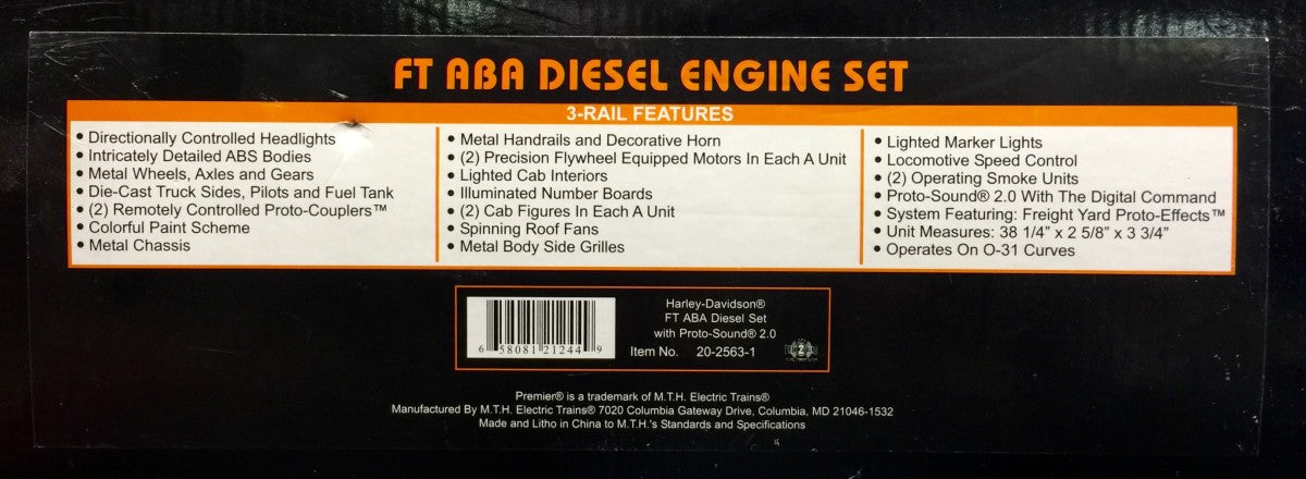 MTH 20-2563-1 O Harley-Davidson FT ABA Diesel Loco Set w/PS2 #1903A/1903C/1903B NIB