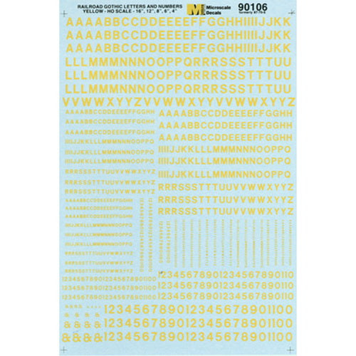 Microscale 90106 HO Yellow Gothic Letters and Number Decal Sheet