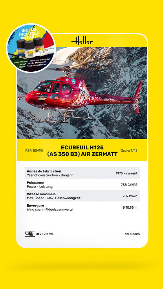 Heller 56490 1:48 Ecureuil H125 (AS 350 B3) Air Zermatt Starter Kit