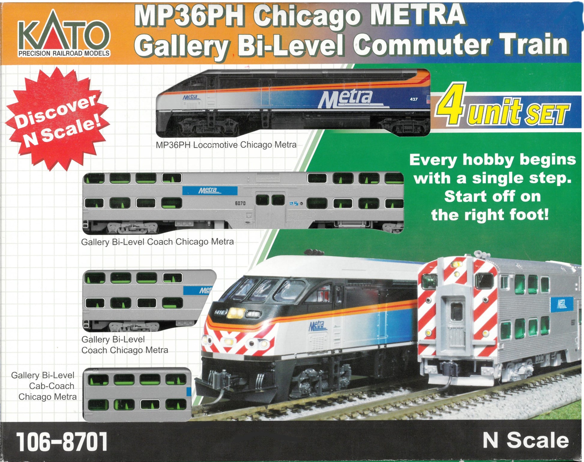 Kato 106-8701-S-1 N MP36PH Chicago METRA Gallery B-iLvl Commuter w/ So