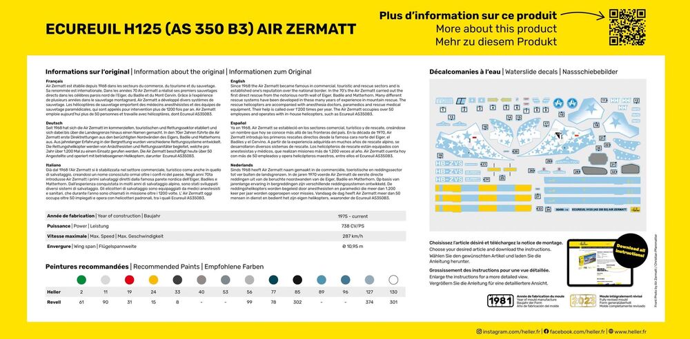 Heller 80490 1:48 Ecureuil H125 (AS 350 B3) Air Zermatt Helicopter Model Kit