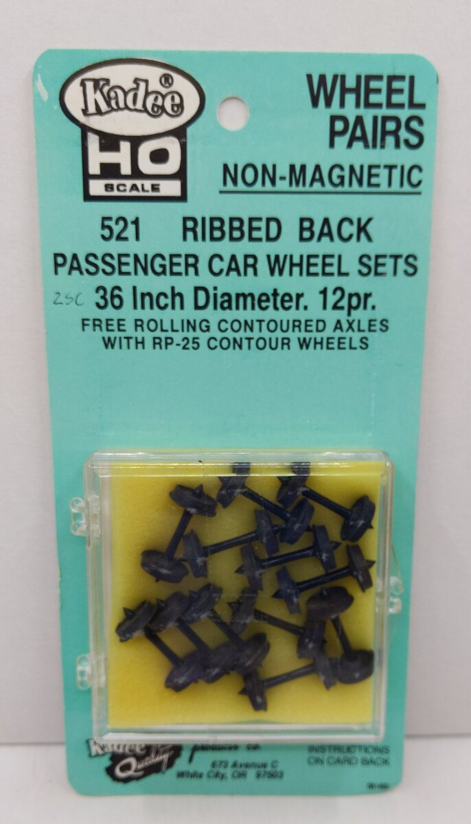Kadee 521 HO Scale Passanger Car Wheel Pairs-Free Rolling Ribbed Back Wheels