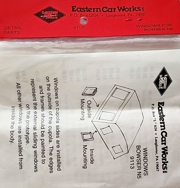 Eastern Car Works 9113 HO Scale Clear Plastic Windows Bowser N5 Cab
