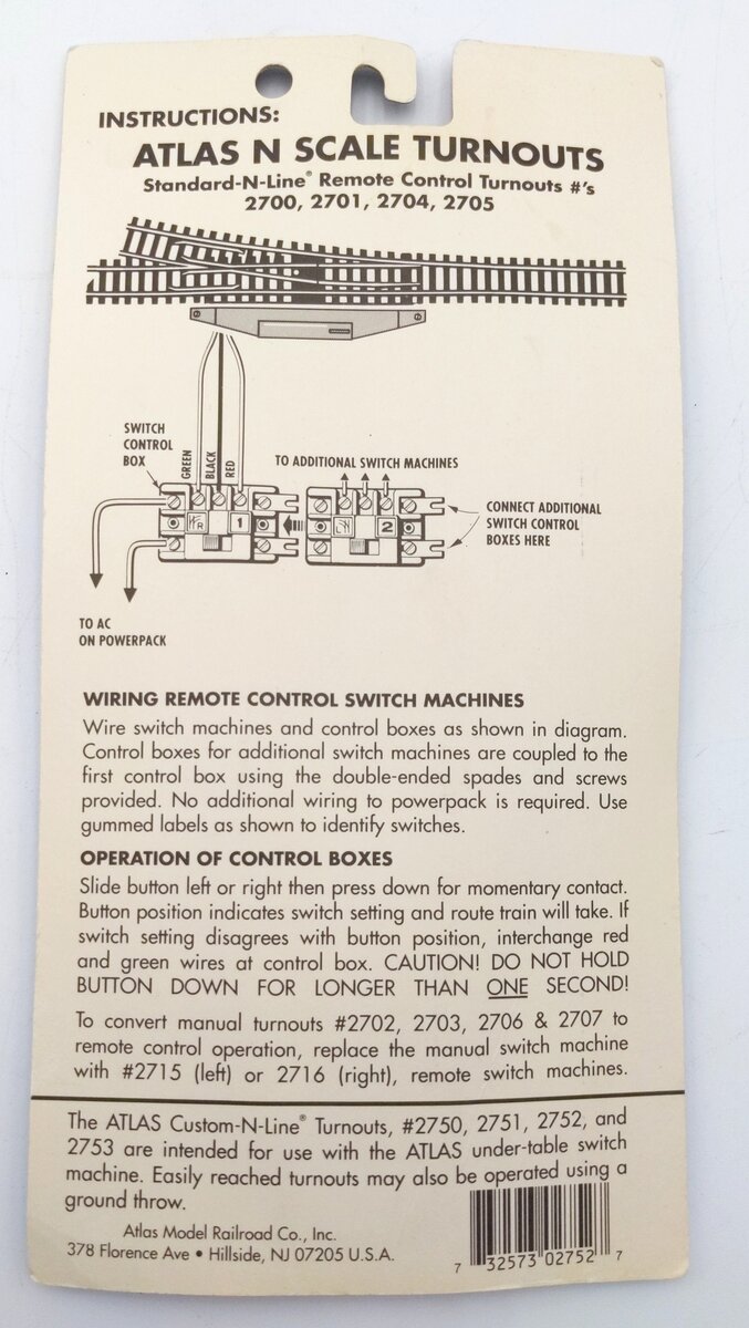 Atlas 2752 N Code 80 Custom N Line #6 Nickel Silver Left Hand Switch Turnout