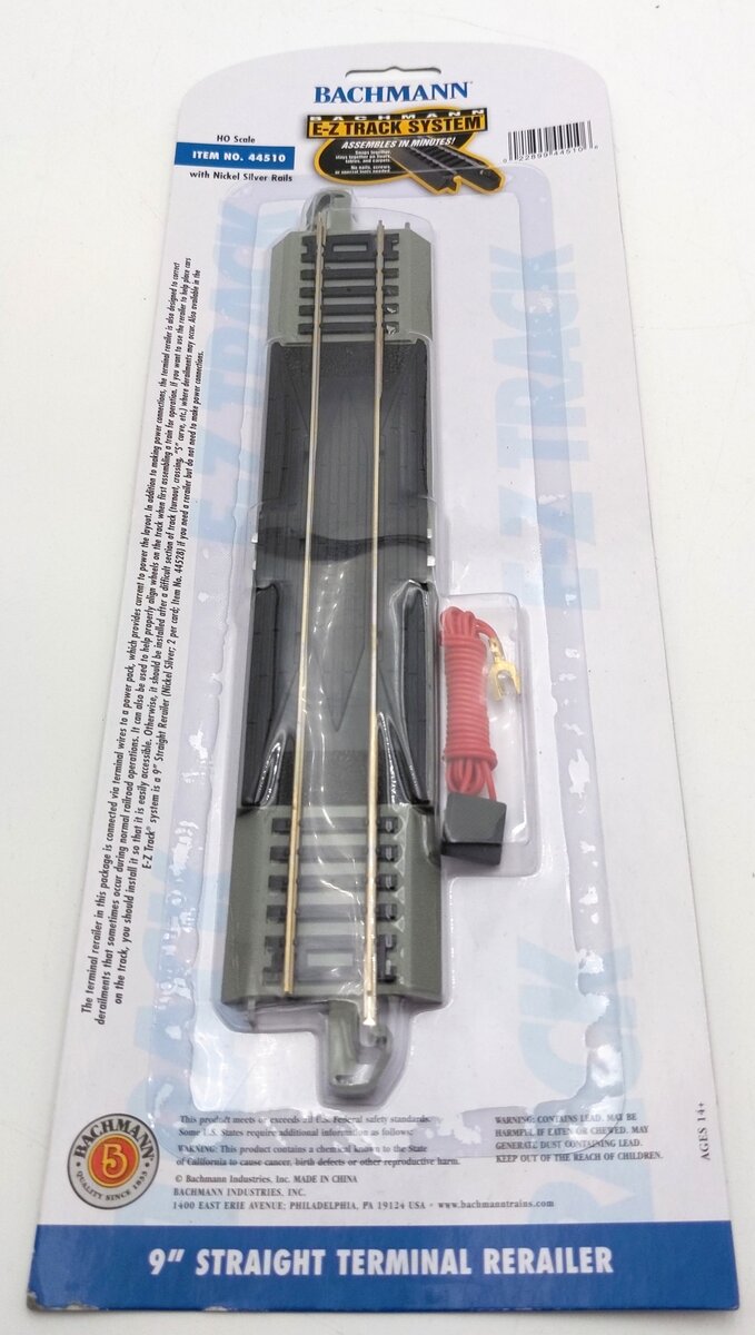 Bachmann 44510 HO Nickel Silver 9" Straight E-Z Track Terminal Rerailer w/Wire