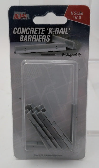 BLMA Models 610 N Scale Concrete ''''K'''' Rail Barriers (Pack of 12)