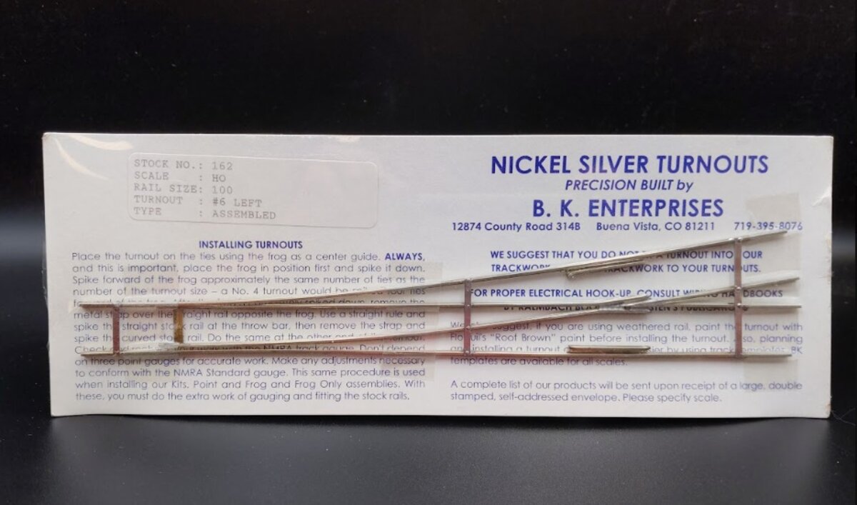 BK Enterprises 162 HO Scale Turnout Left Hand #6 Code 100 Nickel Silver
