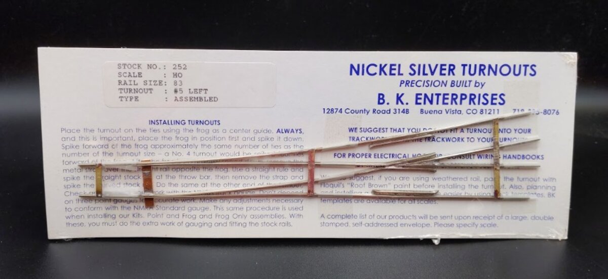 BK Enterprises 252 HO Scale Turnout #5 Left Hand Code 83 Nickel Silver