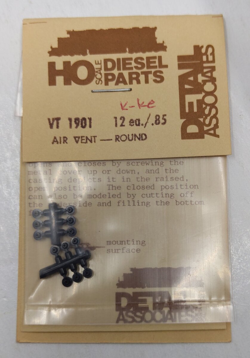 Detail Associates VT1901 HO Air Vents Cab Round Cab Or Hood Mount (Pack of 12)
