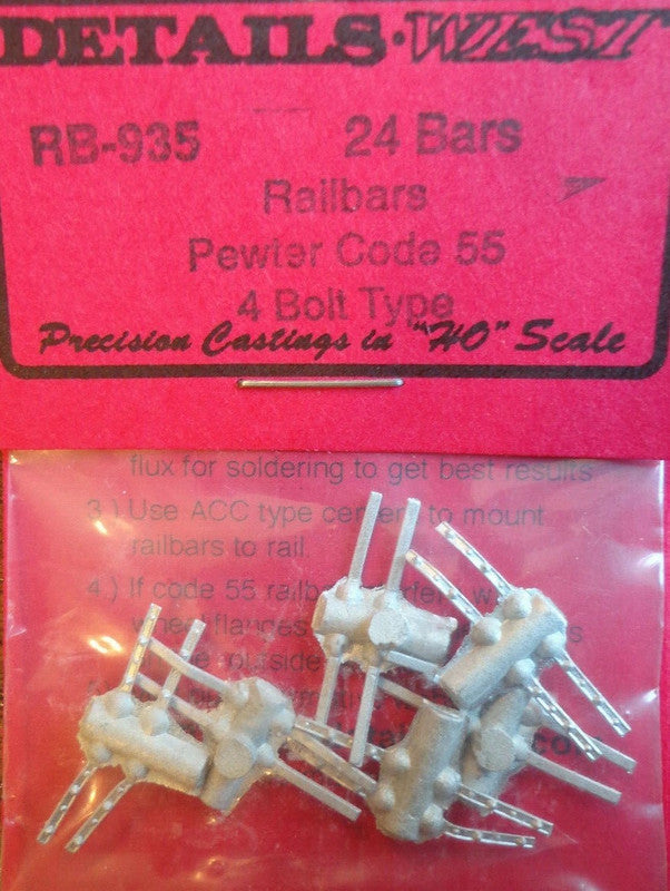Details West 935 HO Pewter Code 55 #4 Bolt Type Railbars (Pack of 24)