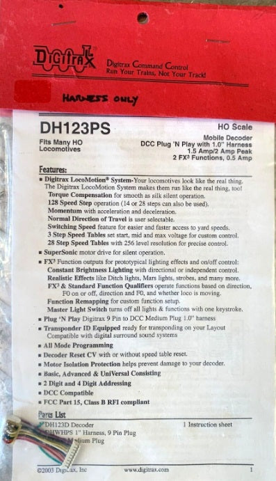 Digitrax DH123PS HO Mobile Decoder DCC PlugNPlay w/1