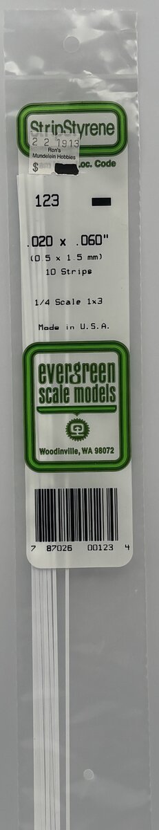 Evergreen Scale Models 123 .020" x .060" x 14" Polystyrene Strips (Pack of 10)