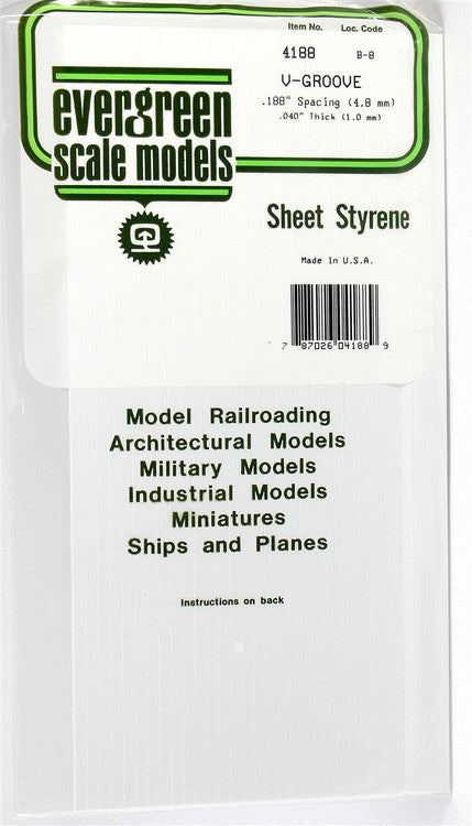 Evergreen Scale Models 4188 .040" x .188" x 6" x 12" Polystyrene V-Groove Siding