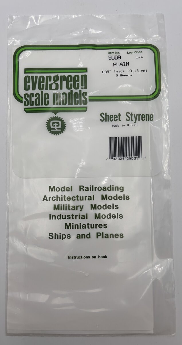 Evergreen Scale Models 9009 .005" x 6" x 12" Polystyrene Sheets (Pack of 3)