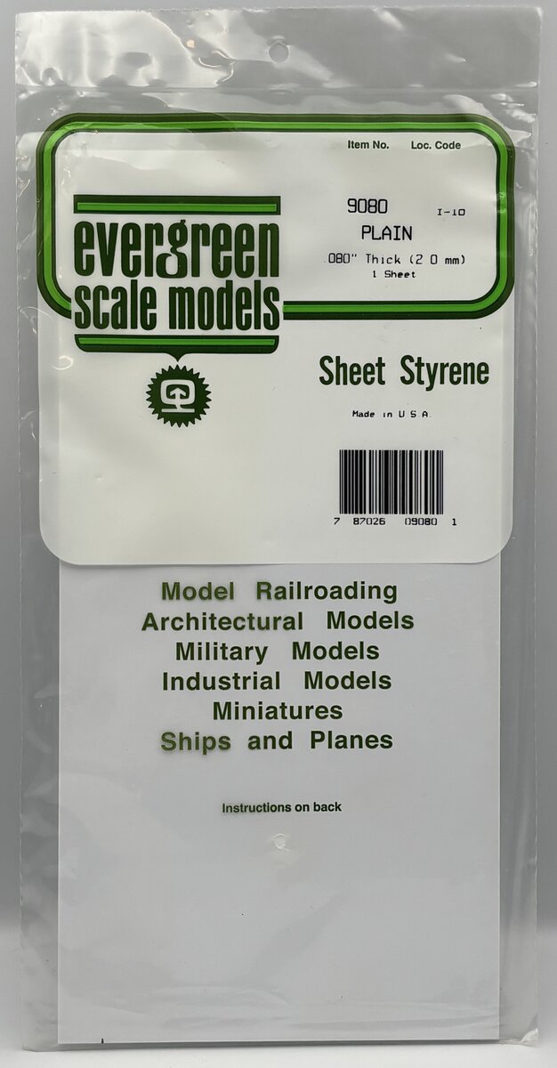 Evergreen Scale Models 9080 .080" x 6" x 12" Polystyrene White Sheet