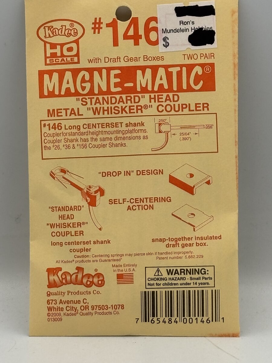 Kadee 146 HO Metal Whisker Coupler Long Centerset Shank 25/64(2 Pairs of 2)