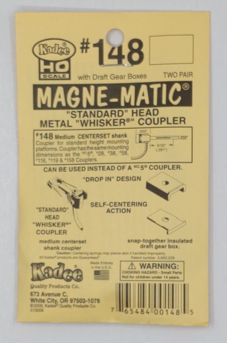 Kadee 148 HO Metal Whisker® Coupler w/Medium 9/32 Centerset Shank (Pair of 2)