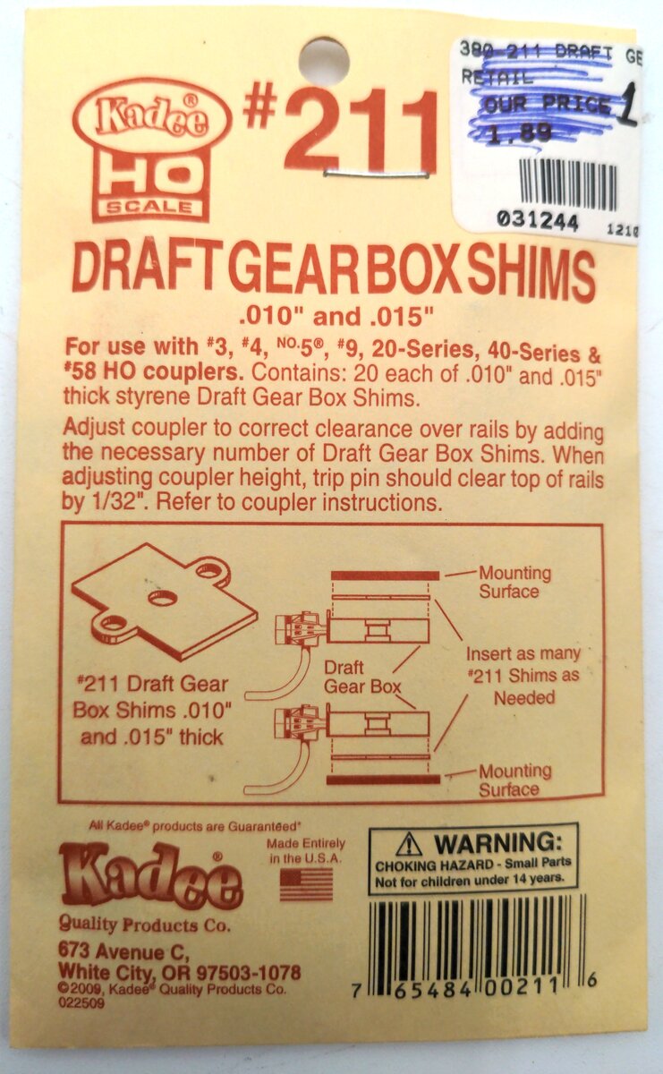 Kadee 211 HO Four Seats Draft Gear Shims-Use HO Couplers