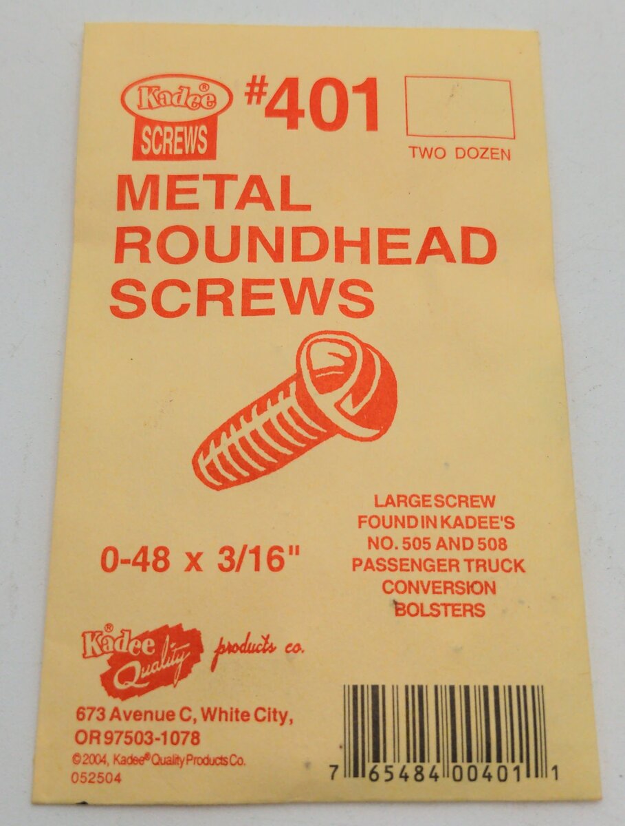 Kadee 401 HO Coupler Mounting Metal Roundhead Screw 0-48 x 3/16" (Pack of 24)