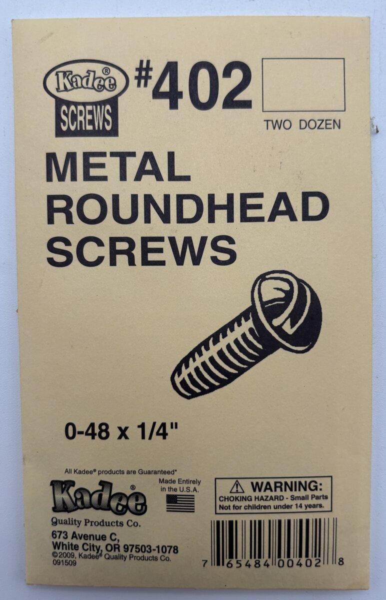 Kadee 402 HO Coupler Mounting Metal Roundhead Screws 0-48 x 1/4" (Pack of 24)