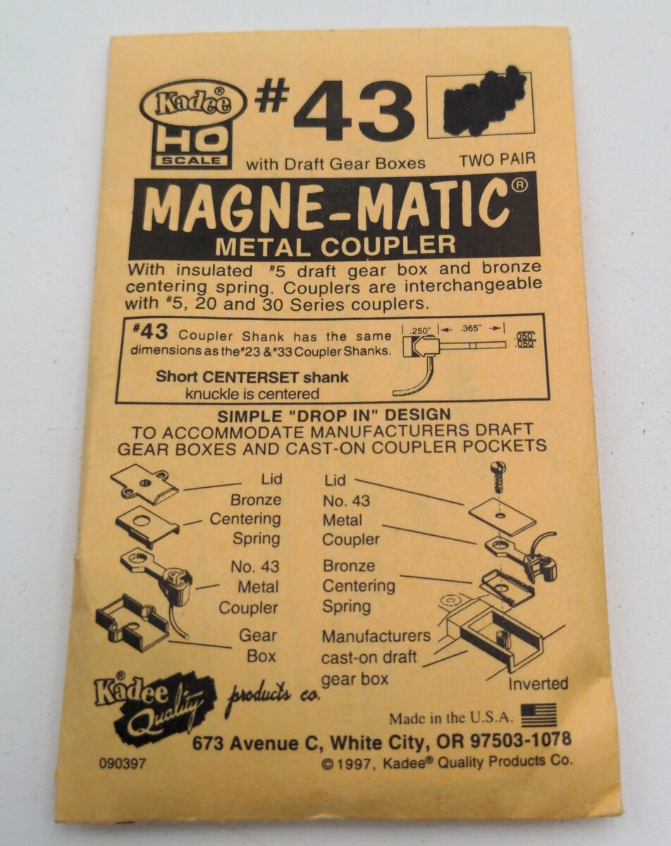 Kadee 43 HO Scale Metal Short Centerset Coupler
