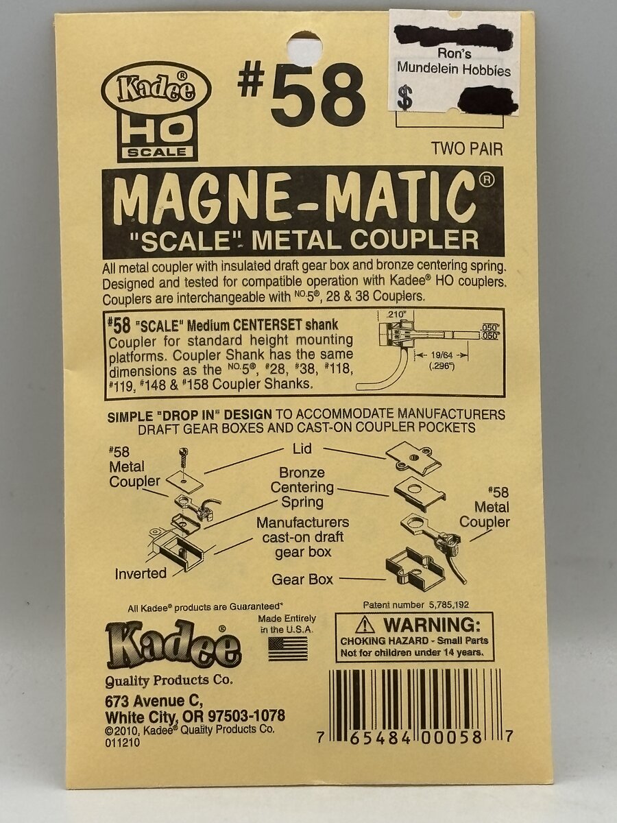 Kadee 58 HO Scale Metal Coupler Medium (19/64) Centerset Shank