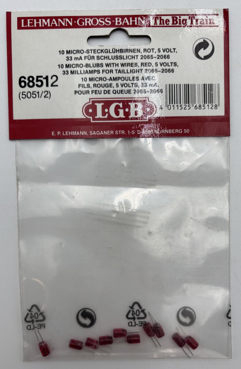 LGB 68512 (5051/2) G Scale 5 Volt Red Plug-In Light Bulb (Pack of 10)