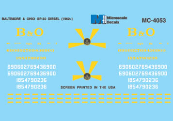 Microscale MC-4053 HO 1962+ B&O EMD GP30 Sunburst Scheme Diesels Decal Sheet
