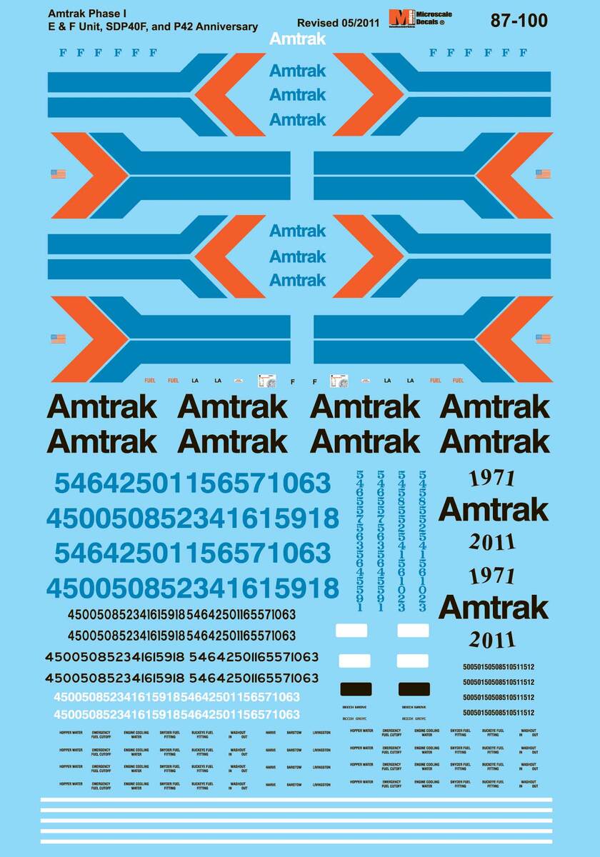 Microscale 60-100 N 1971 Amtrak Phase I Diesels Waterslide Decal Sheet
