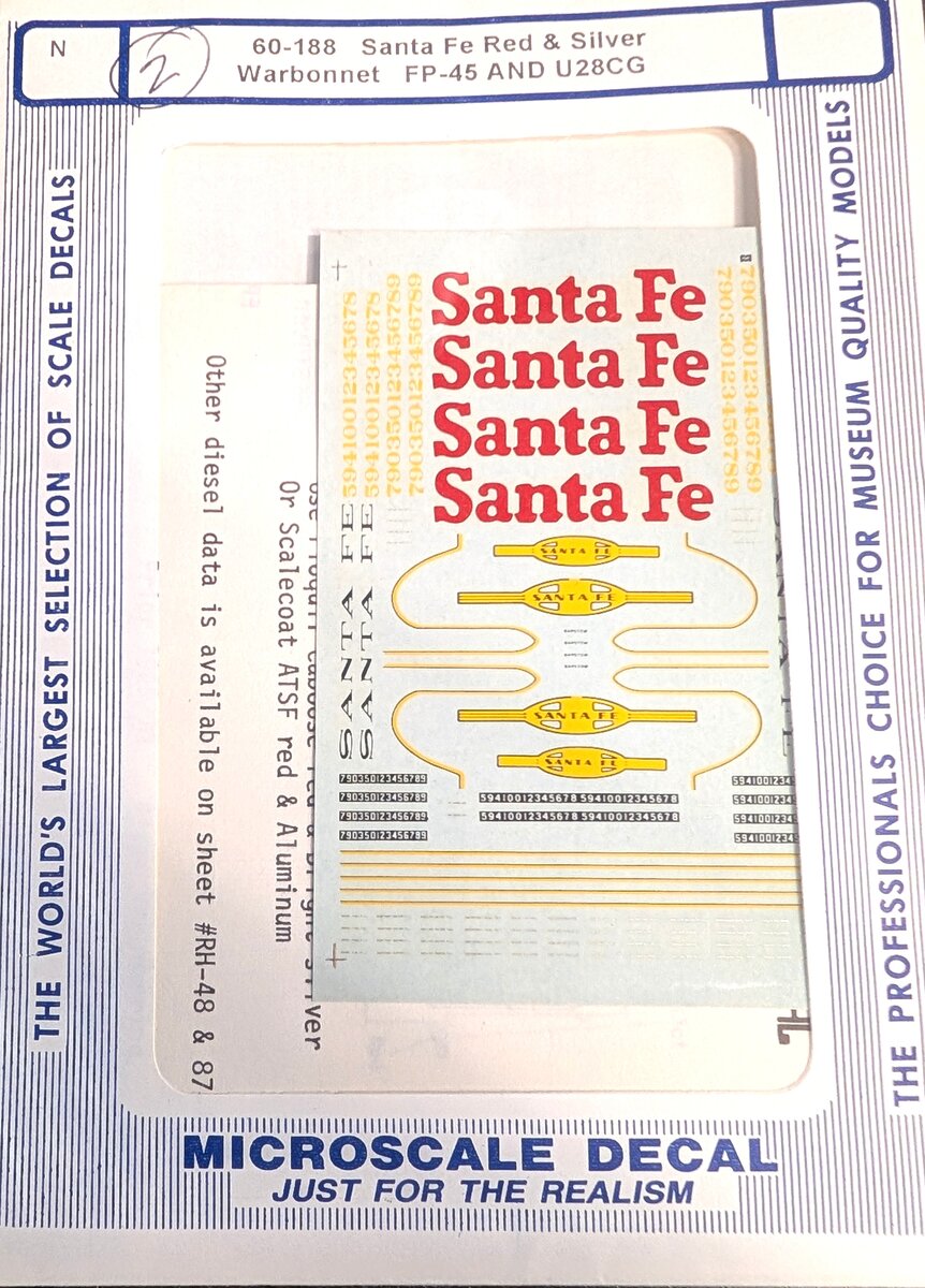 Microscale 60-188 N ATSF Red & Silver Warbonnet U28 & 30 CG's Decal Sheet