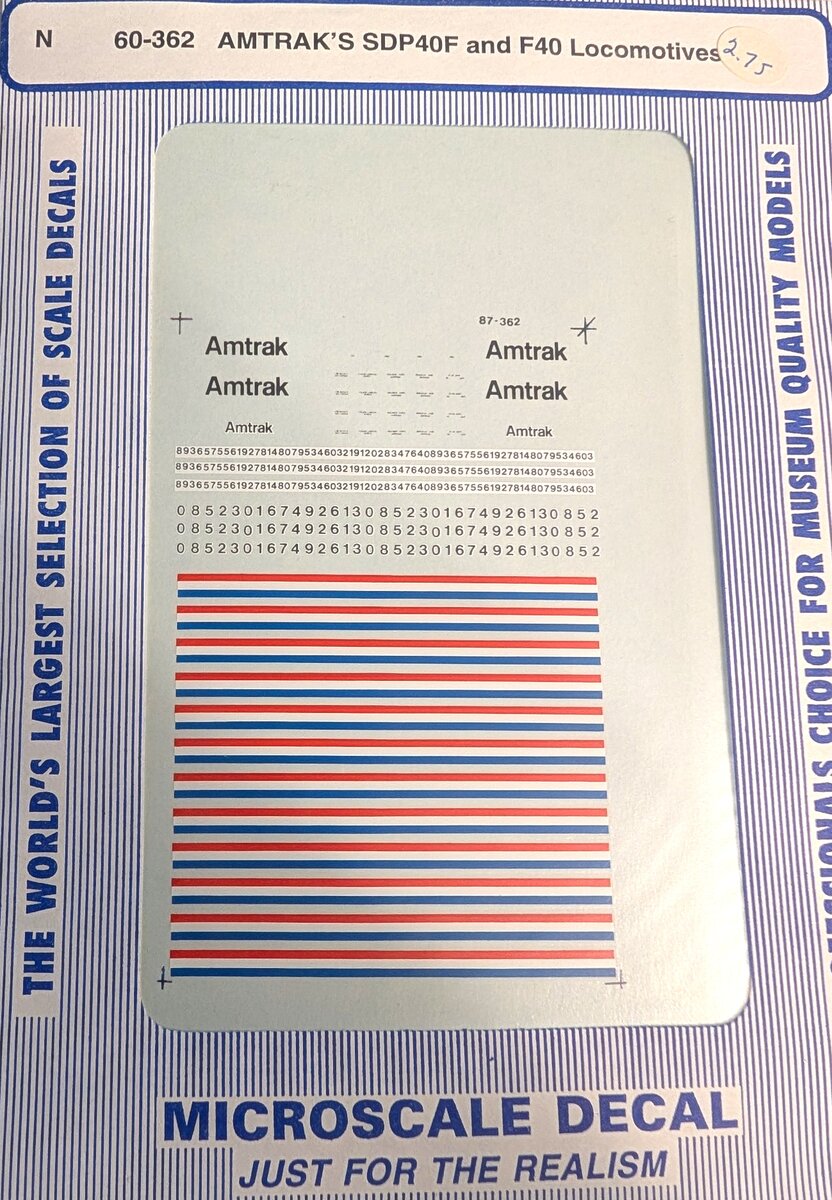 Microscale 60-362 N 1980 Amtrak EMD SDP40F & F40 Diesels Phase III Decal Sheet