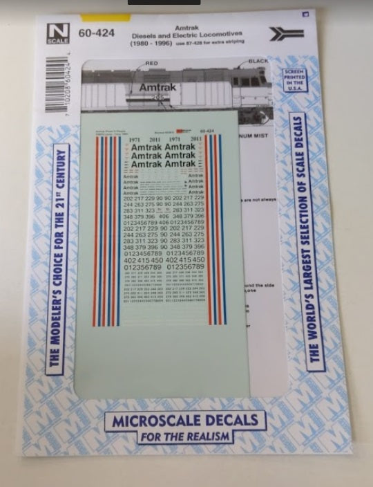 Microscale 60-424 N 1980-1996 Amtrak Diesels & Electric Locomotives Decal Sheet