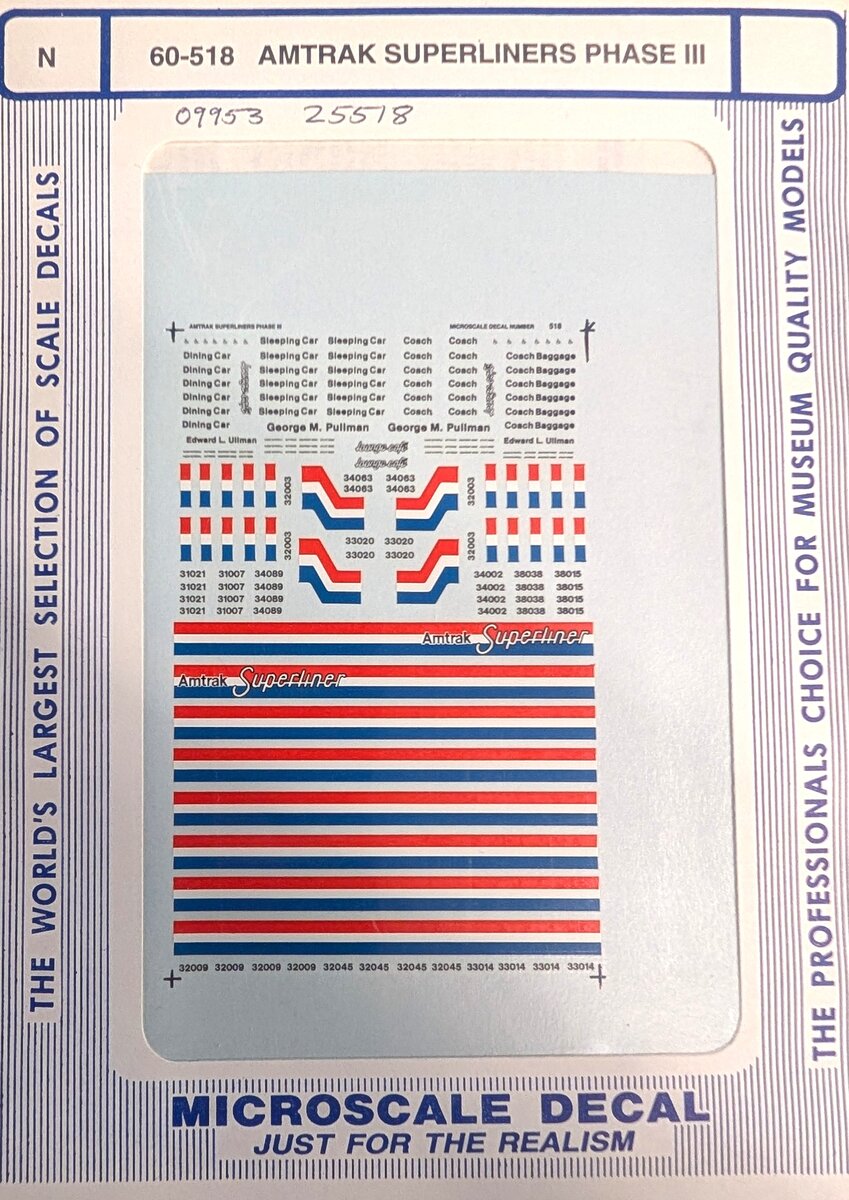 Microscale 60-518 N Amtrak Superliner Phase III Cars Waterslide Decal Sheet