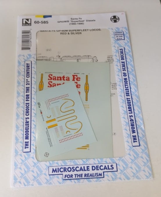 Microscale 60-585 N 1990-1996 Santa Fe GP60M/B Superfleet Diesels Decal Sheet