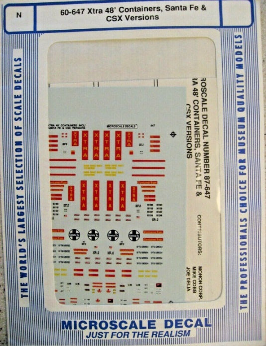 Microscale 60-647 N ATSF/CSX Xtra Scheme 48' Containers Waterslide Decal Sheet