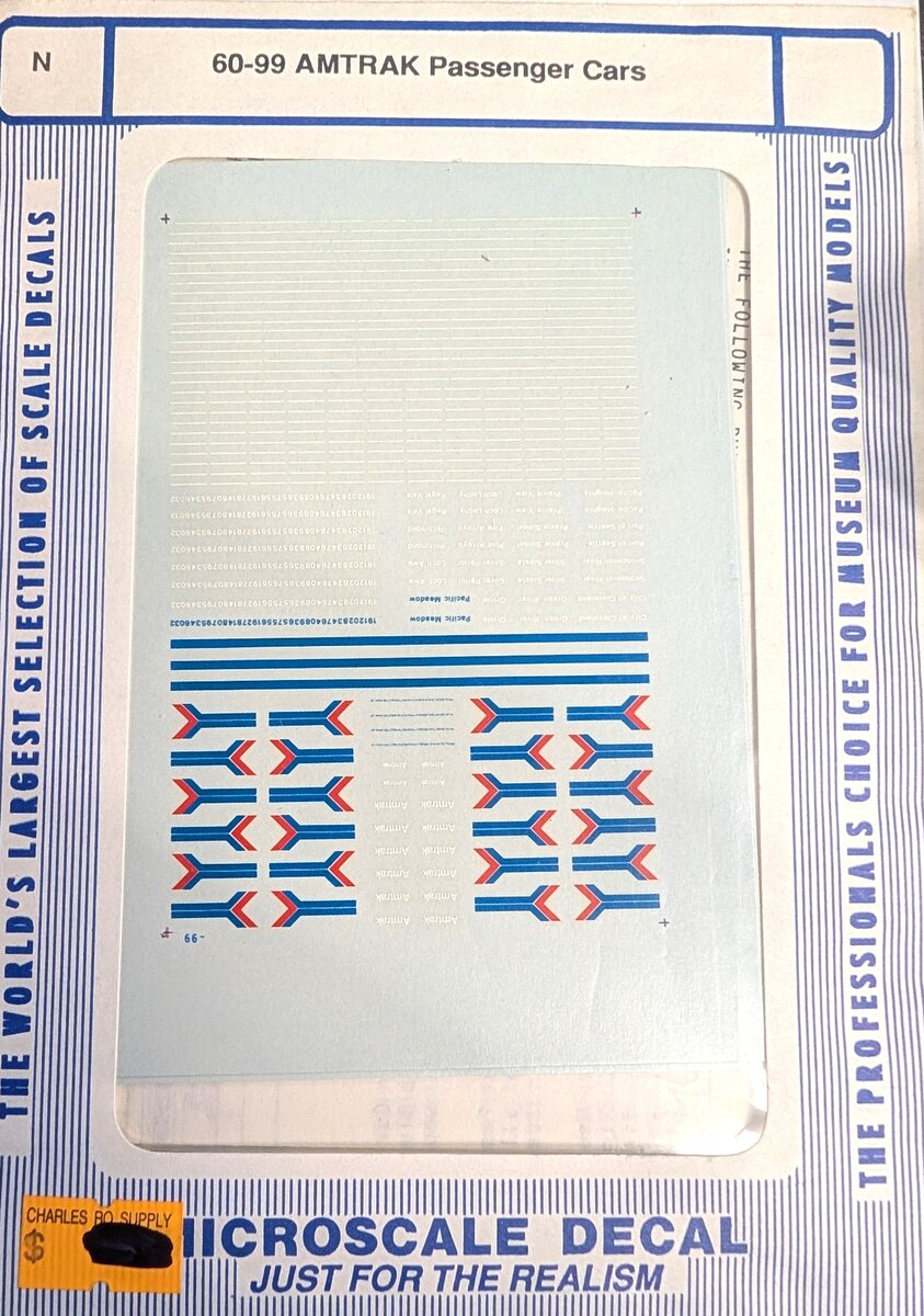 Microscale 60-99 N 1971-1980 Amtrak Phase I Passenger Cars Decal Sheet
